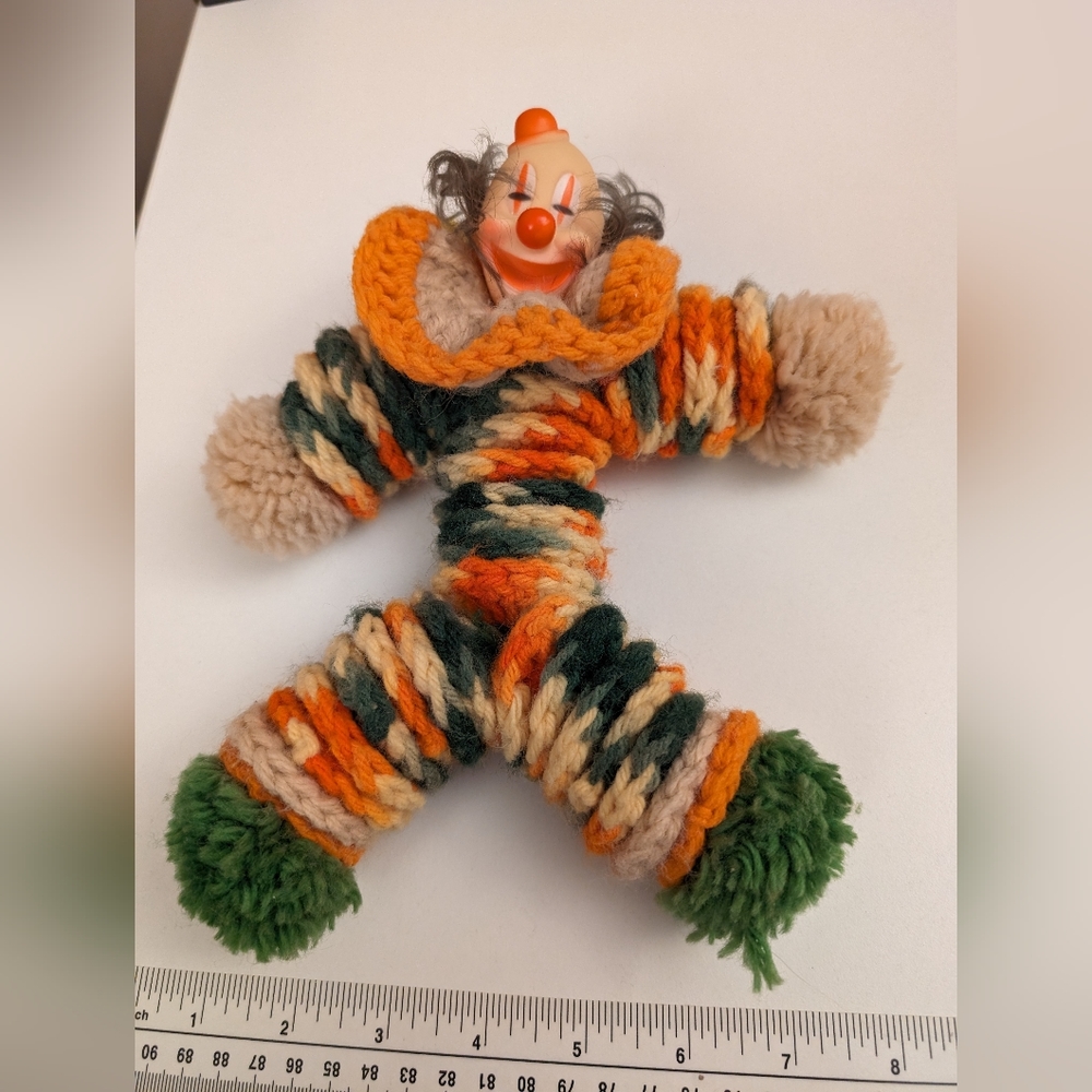 Vintage Crochet Clown with plastic face, handmade, multicolor acrylic yarn